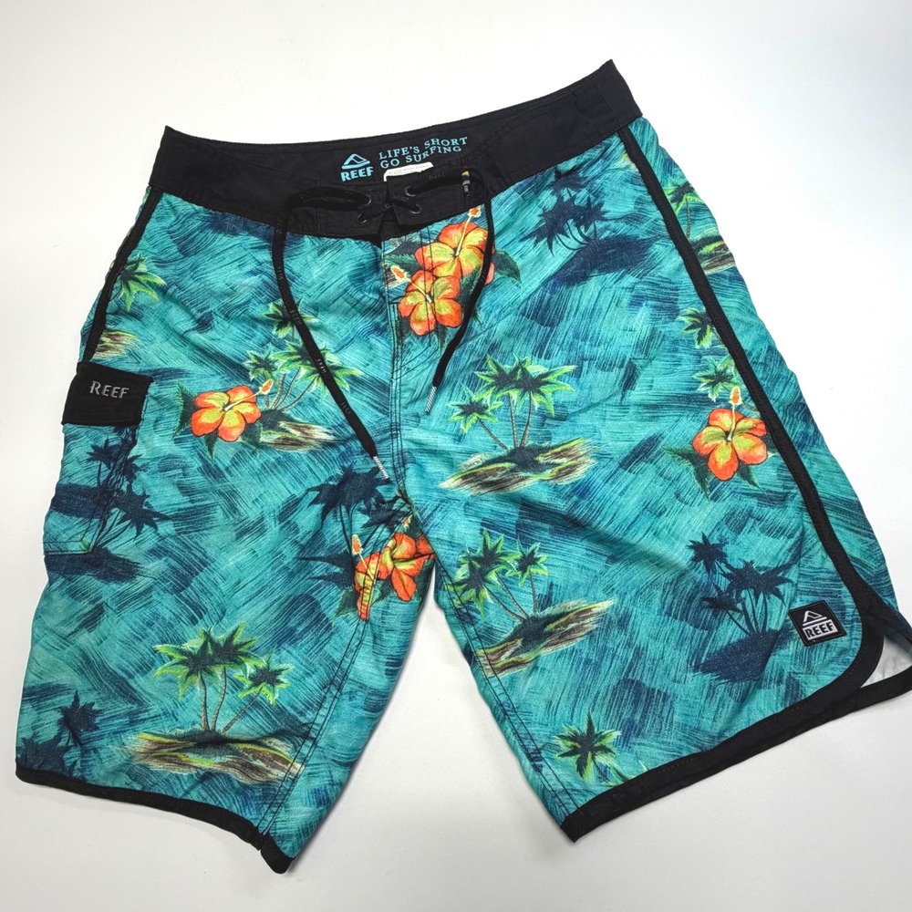 Reef Tropical Board‎ Shorts Mens 32 Teal Floral Surf Swim